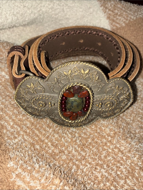 CAbi Accessories - CAbi Brown Leather Belt with Ornate Brass-Tone Floral Buckle and Red Accents